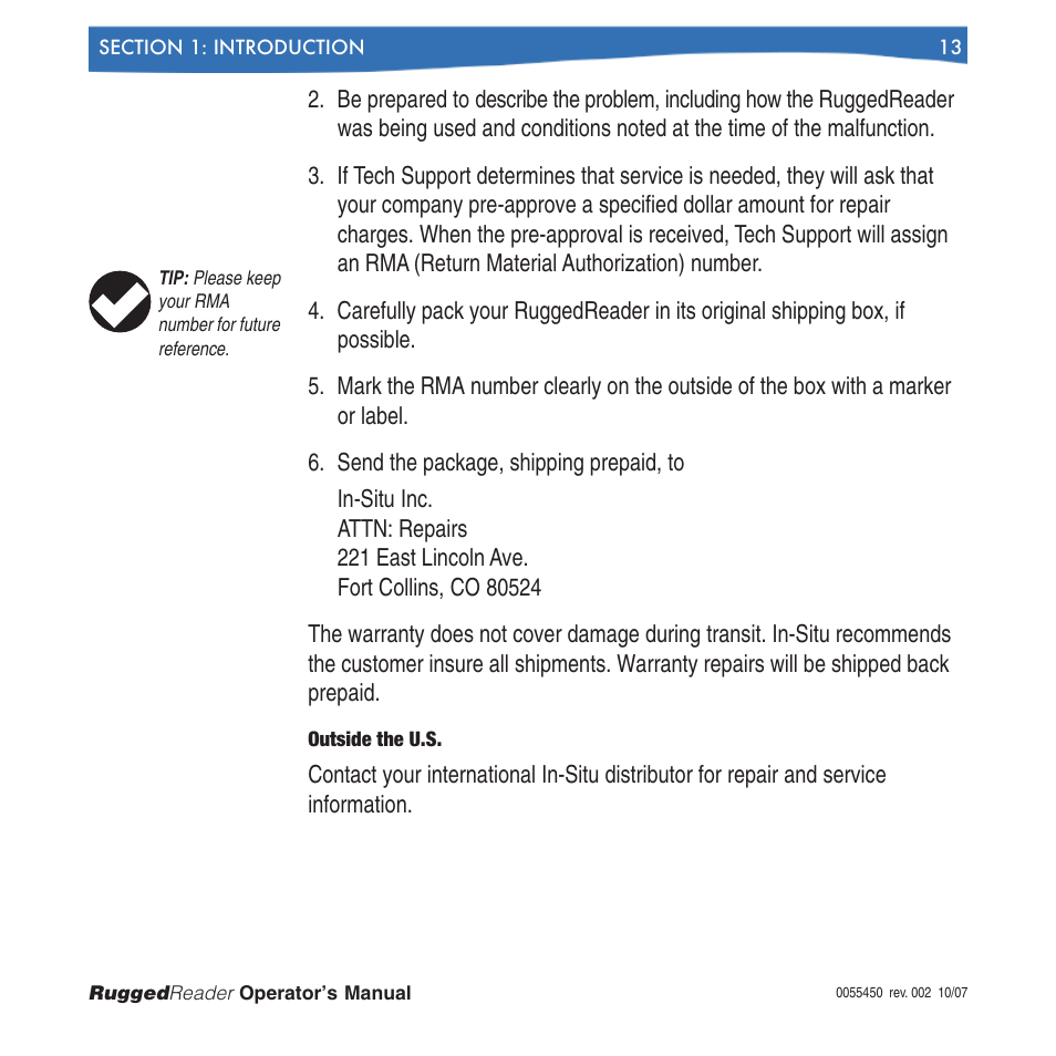 In-Situ RuggedReader Operators Manual for Blue RuggedReader User Manual | Page 13 / 81