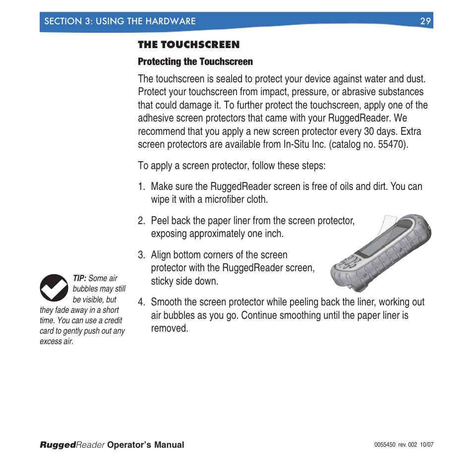 The touchscreen | In-Situ RuggedReader Operators Manual for Blue RuggedReader User Manual | Page 29 / 81