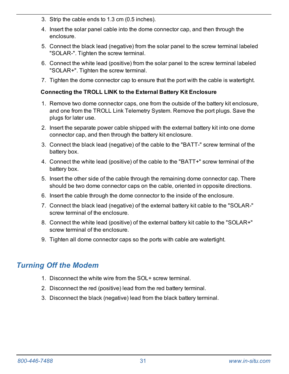 12 turning off the modem, Turning off the modem | In-Situ TROLL Link Telemetry System Operators Manual User Manual | Page 31 / 50