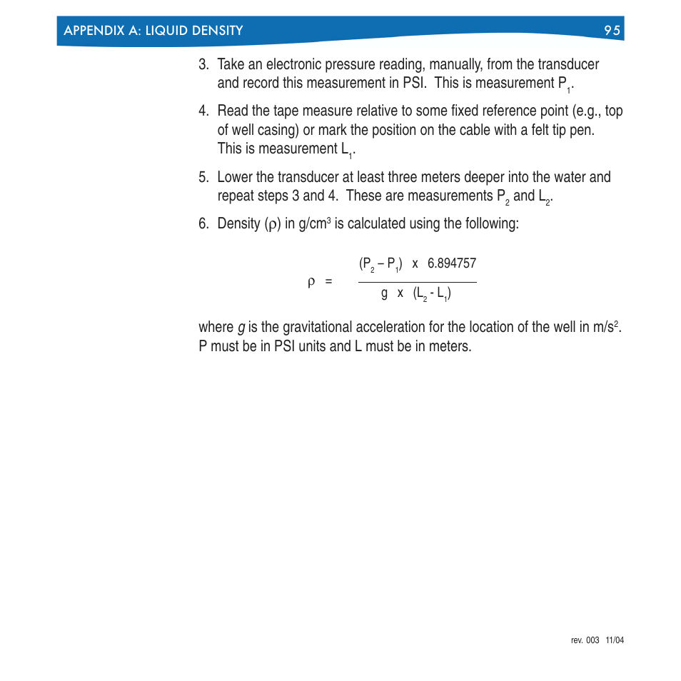 And l, Density ( ρ) in g/cm, P must be in psi units and l must be in meters | In-Situ Win-Situ 4 / Pocket-Situ 4 Operators Manual User Manual | Page 95 / 111