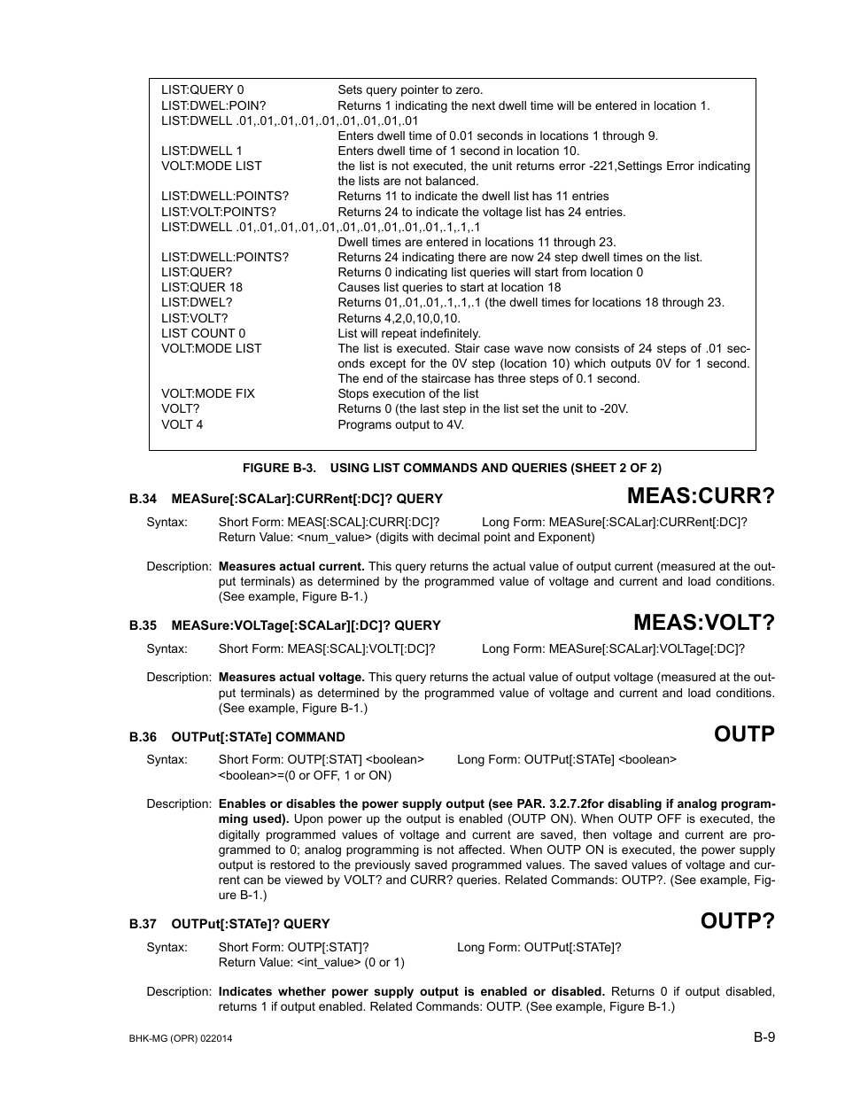 B.34 measure[:scalar]:current[:dc]? query, B.35 measure:voltage[:scalar][:dc]? query, B.36 output[:state] command | B.37 output[:state]? query, B.34, Measure, B.35, Meas, B.36, Outp | KEPCO BHK-MG 200W (Full Rack) Series User Manual | Page 139 / 152