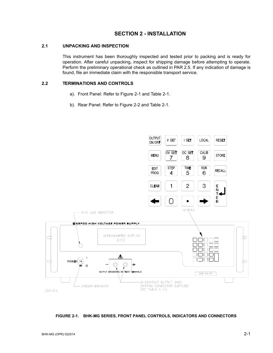 Section 2 - installation, 1 unpacking and inspection, 2 terminations and controls | Unpacking and inspection -1, Terminations and controls -1 | KEPCO BHK-MG 200W (Full Rack) Series User Manual | Page 31 / 152