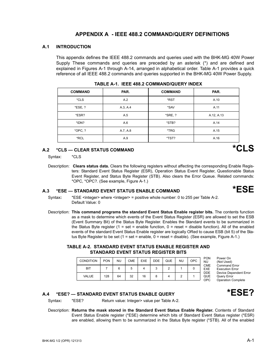Appendix a - ieee 488.2 command/query definitions, Table a-1. ieee 488.2 command/query index, A.2 *cls — clear status command | A.3 *ese — standard event status enable command, A.4 *ese? — standard event status enable query | KEPCO BHK-MG 40W (Half Rack) Series User Manual | Page 123 / 148