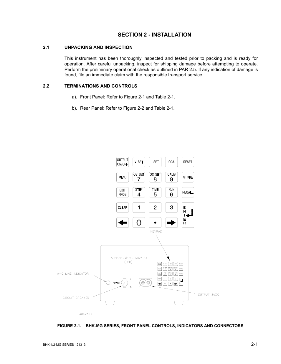 Section 2 - installation, 1 unpacking and inspection, 2 terminations and controls | Unpacking and inspection -1, Terminations and controls -1 | KEPCO BHK-MG 40W (Half Rack) Series User Manual | Page 31 / 148