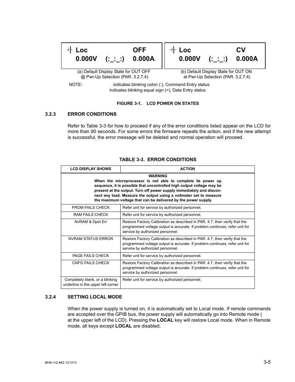 Figure 3-1. lcd power on states, 3 error conditions, Table 3-3. error conditions | 4 setting local mode, Error conditions -5, Setting local mode -5, Lcd power on states -5, 4, b.82, Re 3-1. th, R. 3.2.3 for | KEPCO BHK-MG 40W (Half Rack) Series User Manual | Page 49 / 148