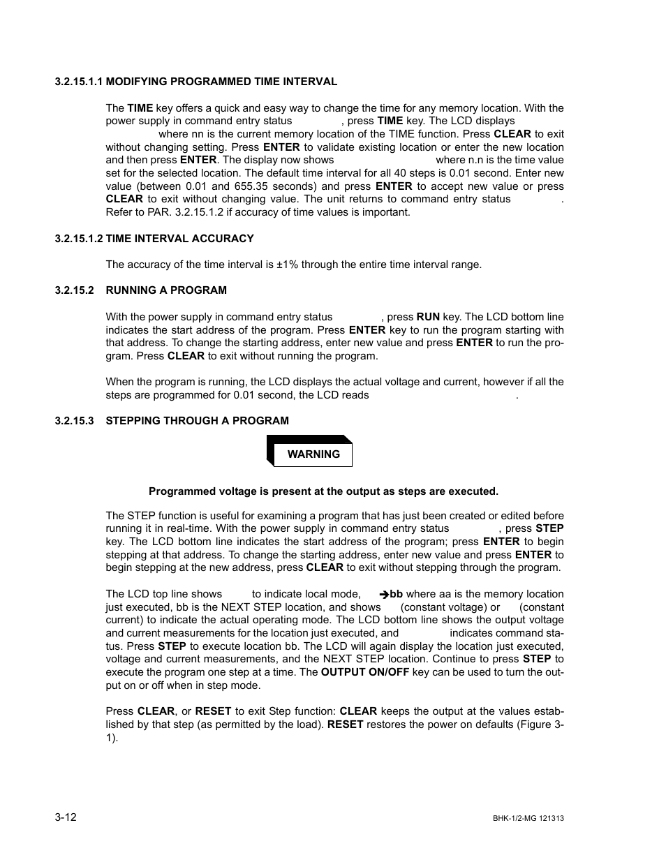 1 modifying programmed time interval, 2 time interval accuracy, 2 running a program | 3 stepping through a program, Modifying programmed time interval -12, Time interval accuracy -12, Running a program -12, Stepping through a program -12 | KEPCO BHK-MG 40W (Half Rack) Series User Manual | Page 56 / 148
