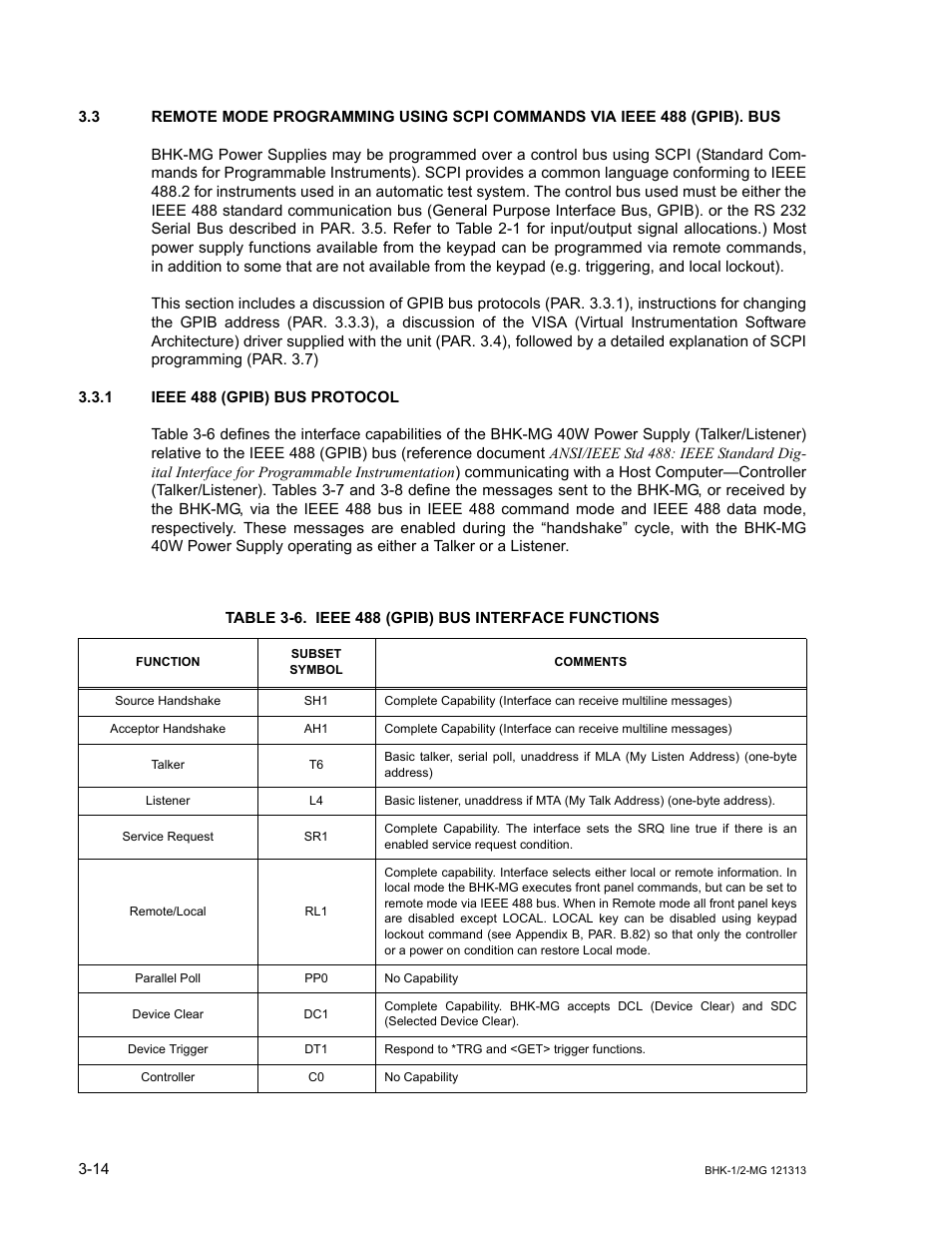 1 ieee 488 (gpib) bus protocol, Table 3-6. ieee 488 (gpib) bus interface functions, Ieee 488 (gpib) bus protocol -14 | Ieee 488 (gpib) bus interface functions -14 | KEPCO BHK-MG 40W (Half Rack) Series User Manual | Page 58 / 148