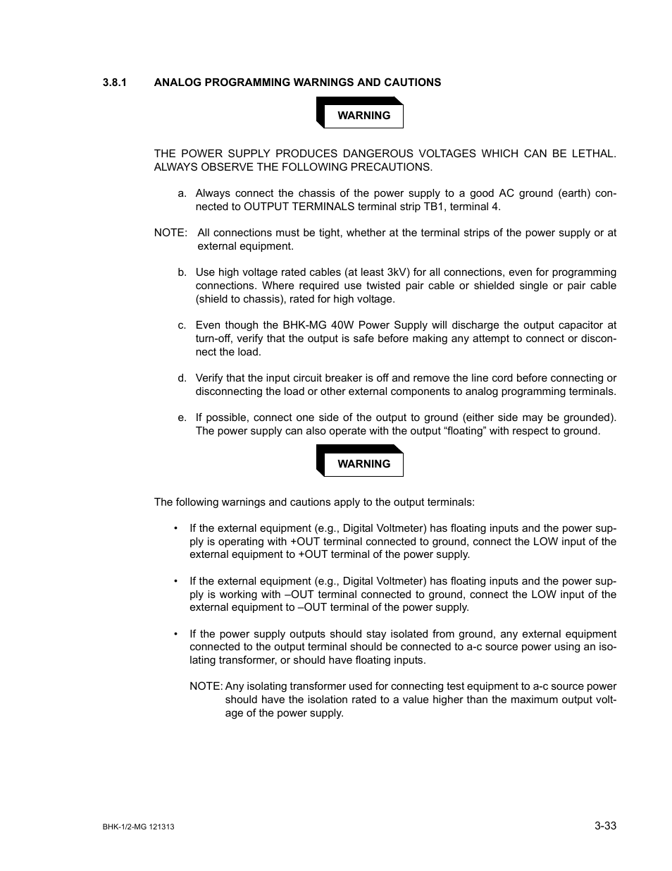 1 analog programming warnings and cautions, Analog programming warnings and cautions -33 | KEPCO BHK-MG 40W (Half Rack) Series User Manual | Page 77 / 148