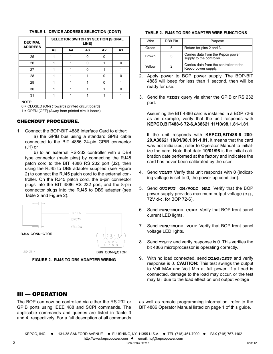 Checkout procedure, Figure 2. rj45 to db9 adapter wiring, Table 2. rj45 to db9 adapter wire functions | Iii — operation | KEPCO BIT 4886 Quick Start Guide User Manual | Page 2 / 4