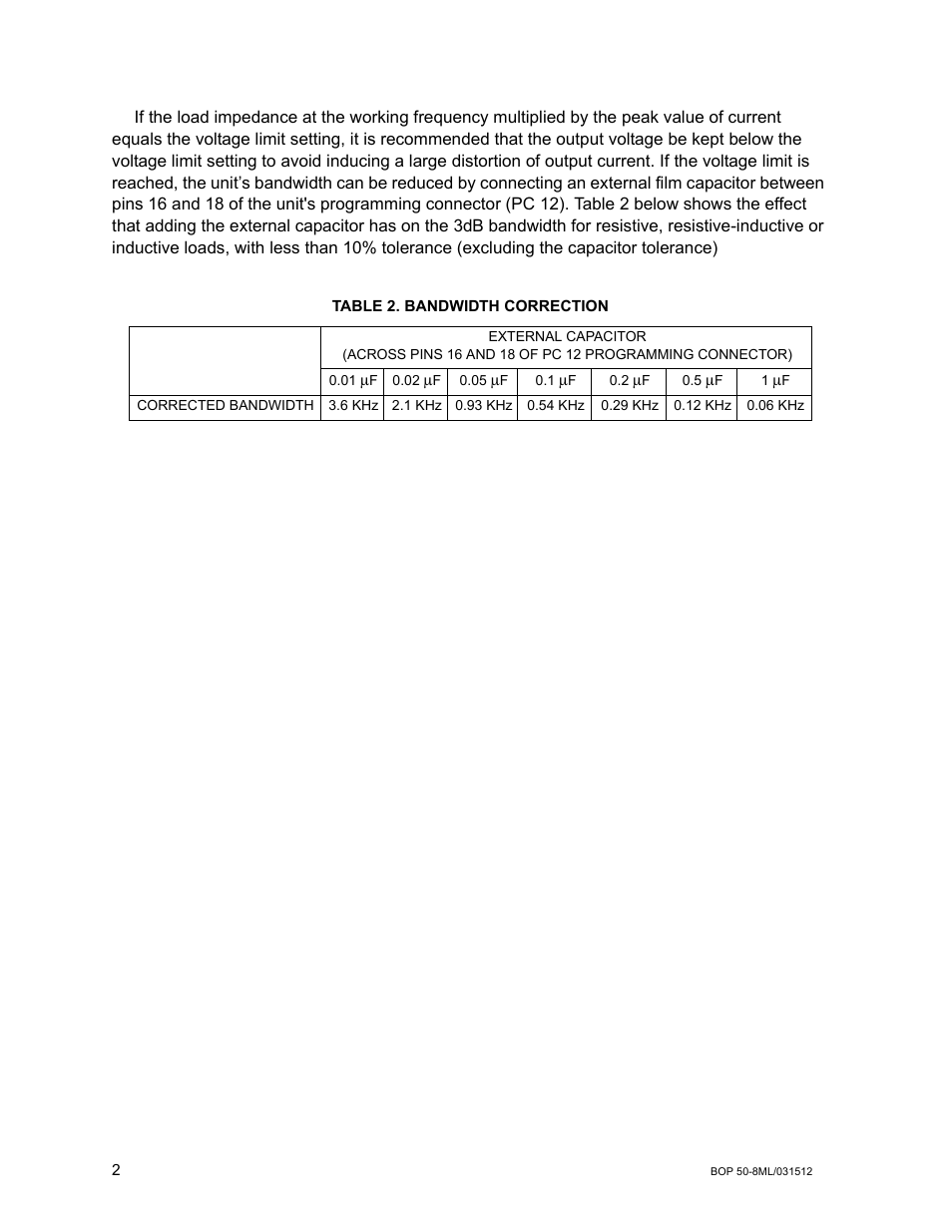 Table 2. bandwidth correction | KEPCO BOP 50-8DL Modification Sheet User Manual | Page 2 / 2