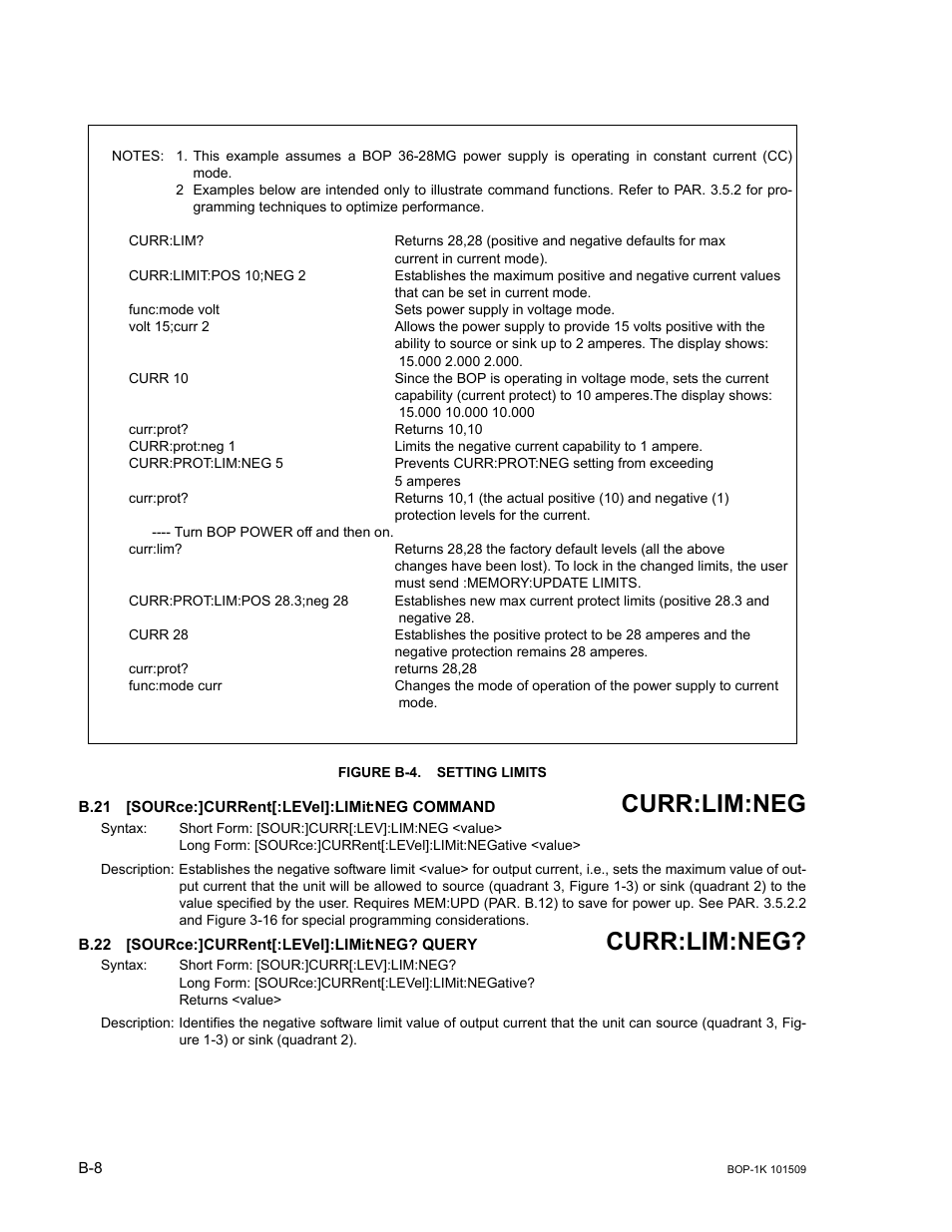 Figure b-4. setting limits, B.21 [source:]current[:level]:limit:neg command, B.22 [source:]current[:level]:limit:neg? query | B.21, Sour, B.22, B.21, b.22, Curr:lim:neg | KEPCO BOP 1KW-MG Operator Manual, Firmware Ver.2.48 to 3.04 User Manual | Page 158 / 188