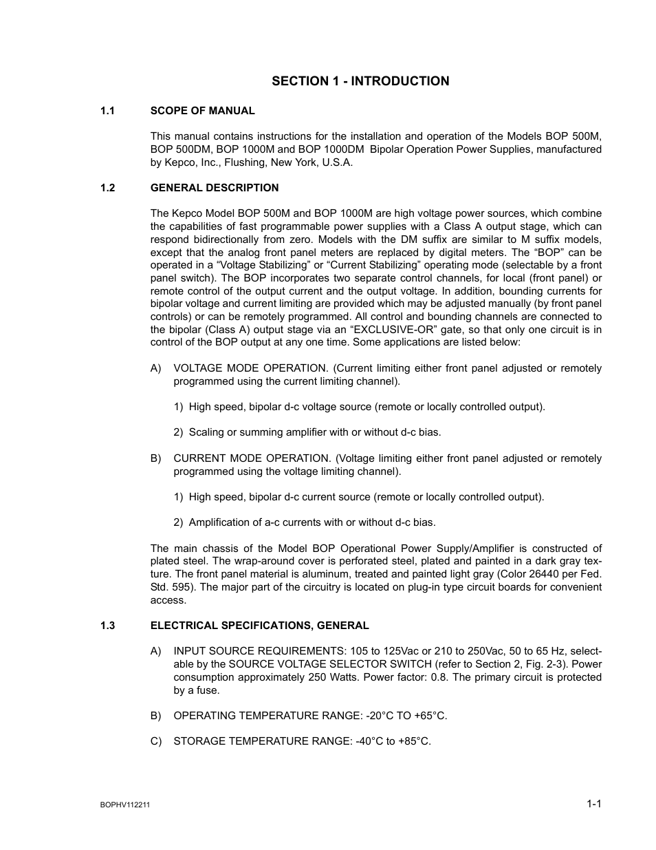 Section 1 - introduction, 1 scope of manual, 2 general description | 3 electrical specifications, general, Scope of manual -1, General description -1, Electrical specifications, general -1 | KEPCO BOP-HV User Manual | Page 13 / 48
