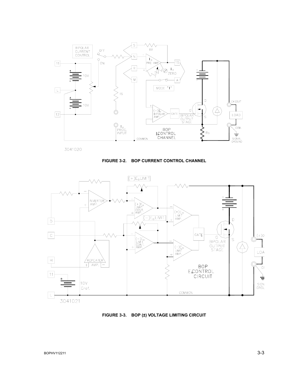 Figure 3-2. bop current control channel, Figure 3-3. bop (±) voltage limiting circuit, Bop current control channel -3 | Bop (±) voltage limiting circuit -3, 2) the, 3 and | KEPCO BOP-HV User Manual | Page 29 / 48