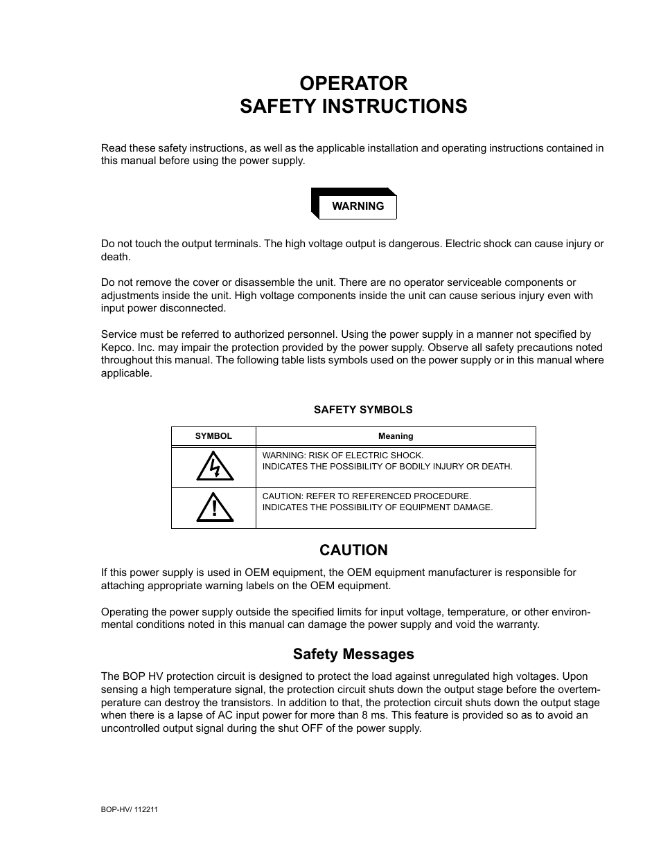 Operator safety instructions, Caution, Safety messages | KEPCO BOP-HV User Manual | Page 3 / 48
