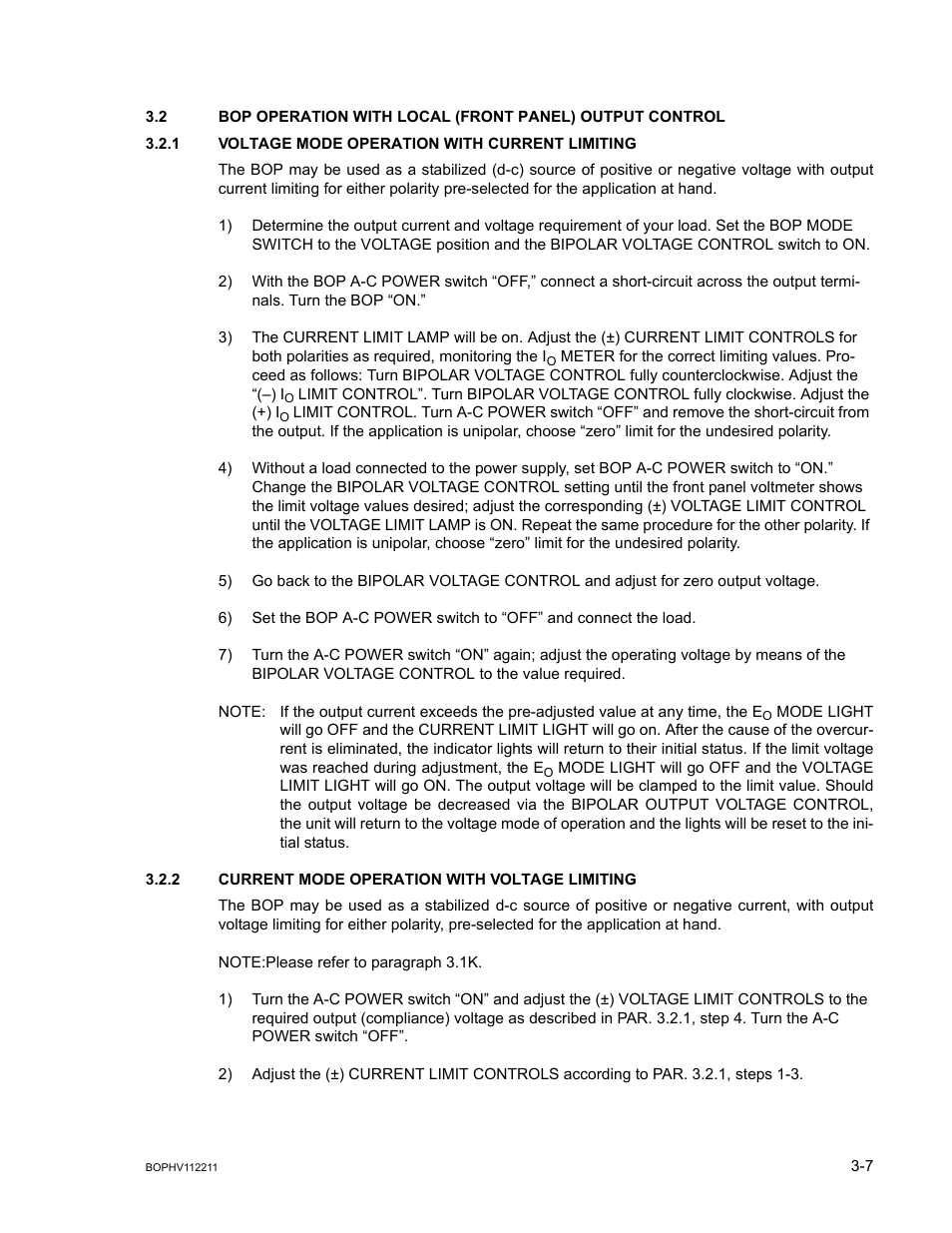 1 voltage mode operation with current limiting, 2 current mode operation with voltage limiting, Voltage mode operation with current limiting -7 | Current mode operation with voltage limiting -7 | KEPCO BOP-HV User Manual | Page 33 / 48
