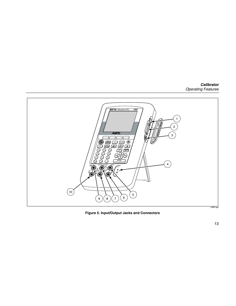 Calibrator operating features 13, Figure 5. input/output jacks and connectors | Martel Electronics MasterCAL User Manual | Page 23 / 140