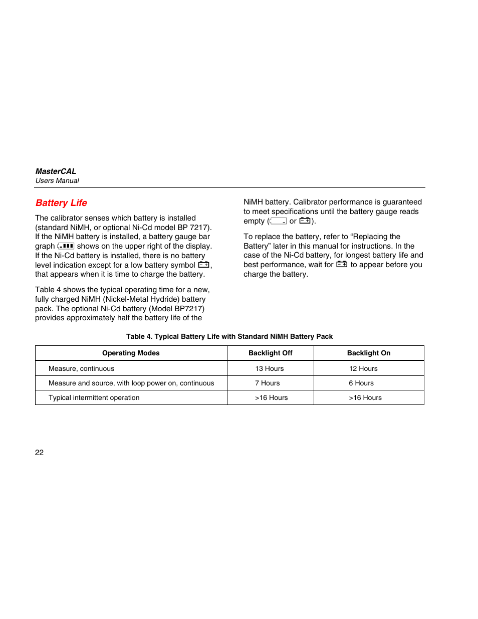 Battery life | Martel Electronics MasterCAL User Manual | Page 32 / 140