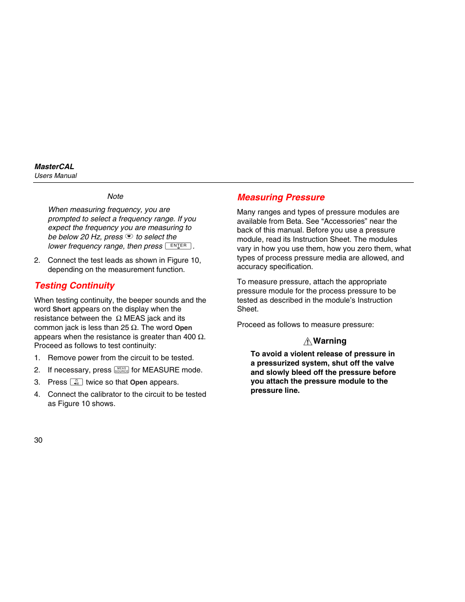 Testing continuity, Measuring pressure | Martel Electronics MasterCAL User Manual | Page 40 / 140
