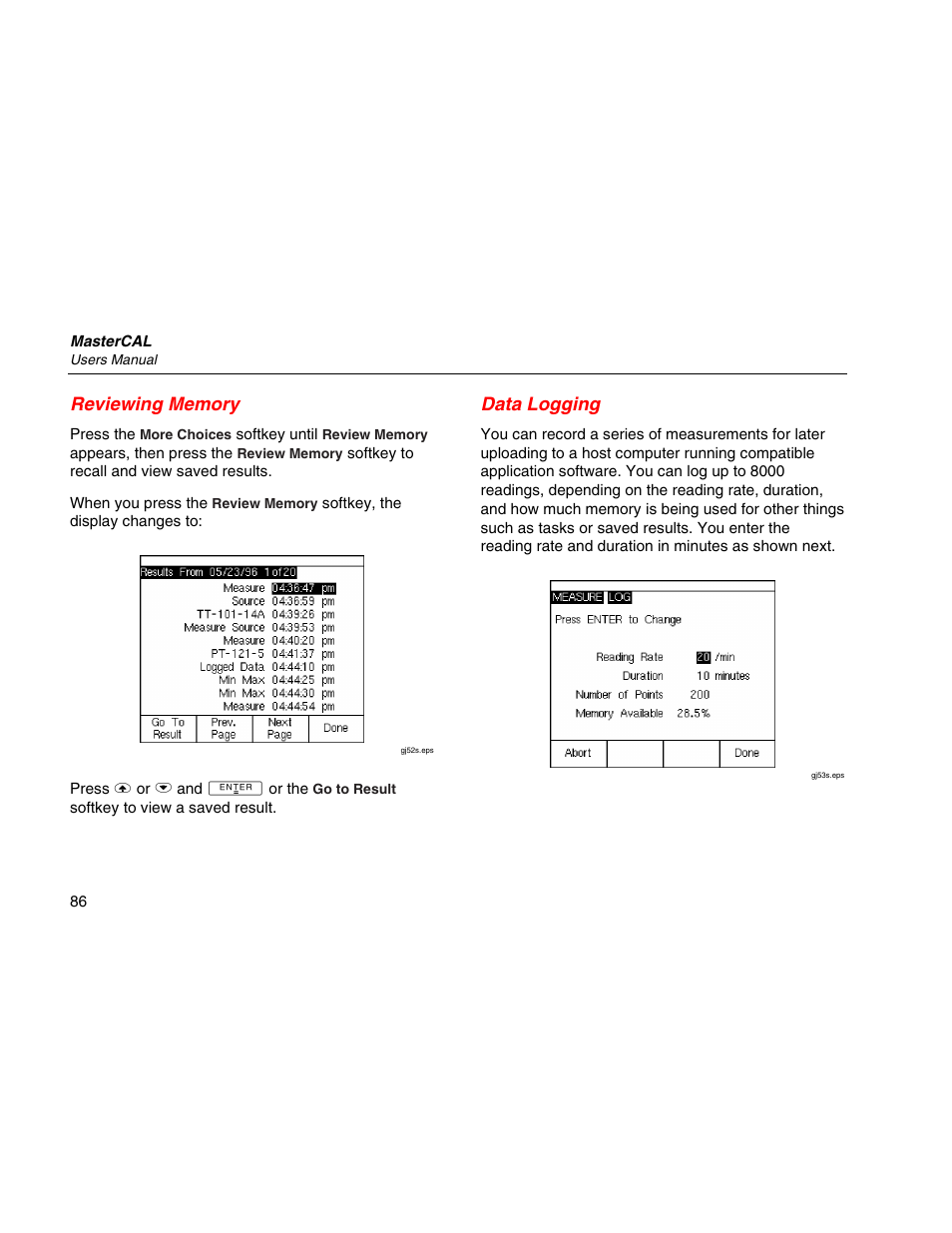 Reviewing memory, Data logging | Martel Electronics MasterCAL User Manual | Page 96 / 140