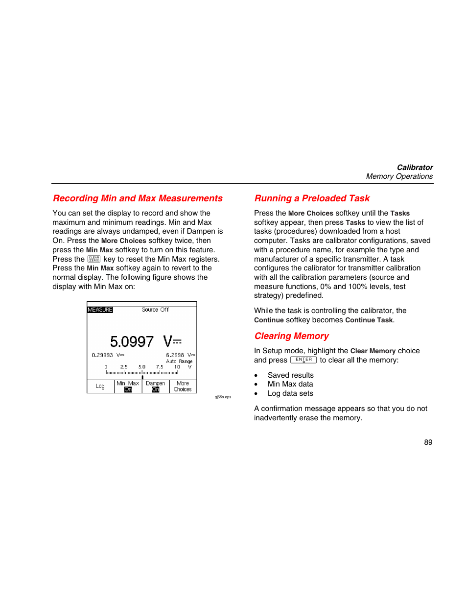 Recording min and max measurements, Running a preloaded task, Clearing memory | Martel Electronics MasterCAL User Manual | Page 99 / 140