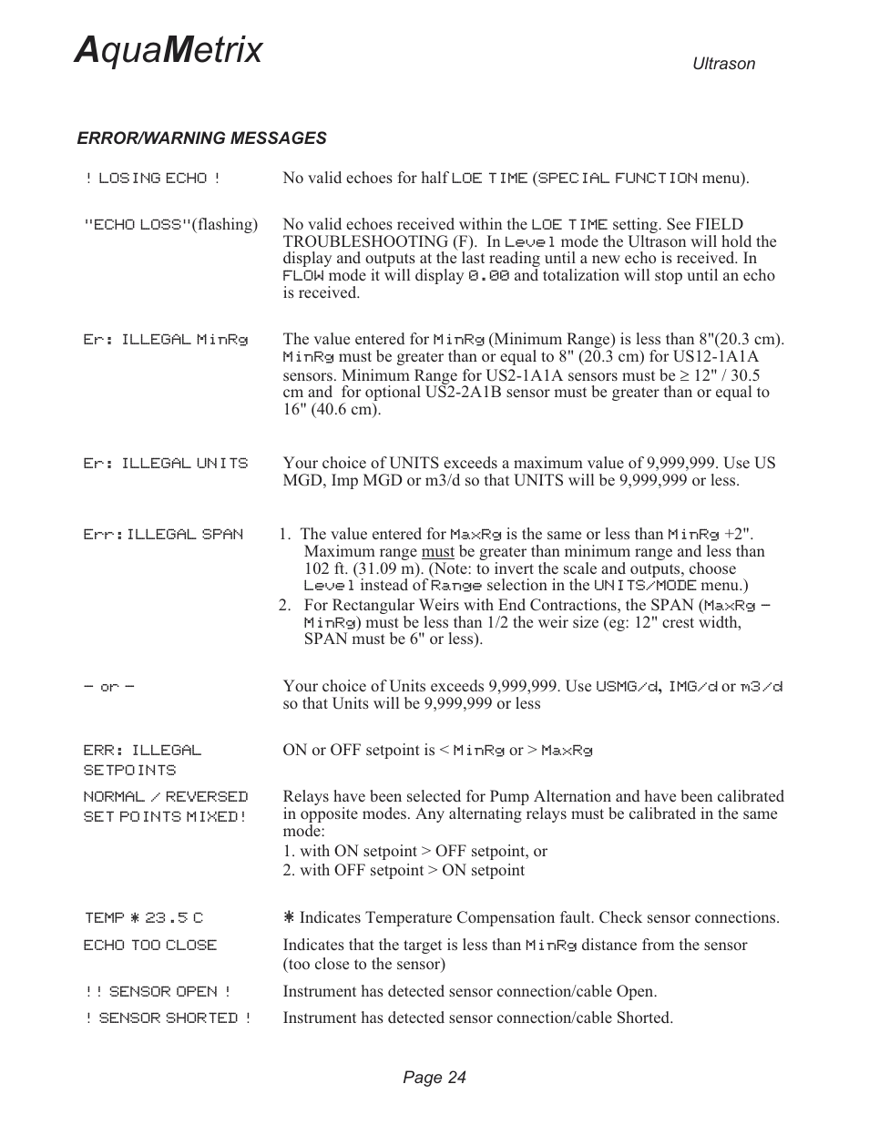 Error/warning messages 24, A qua m etrix | Metex 3200U Ultrasonic Flow & Level Monitor User Manual | Page 24 / 48