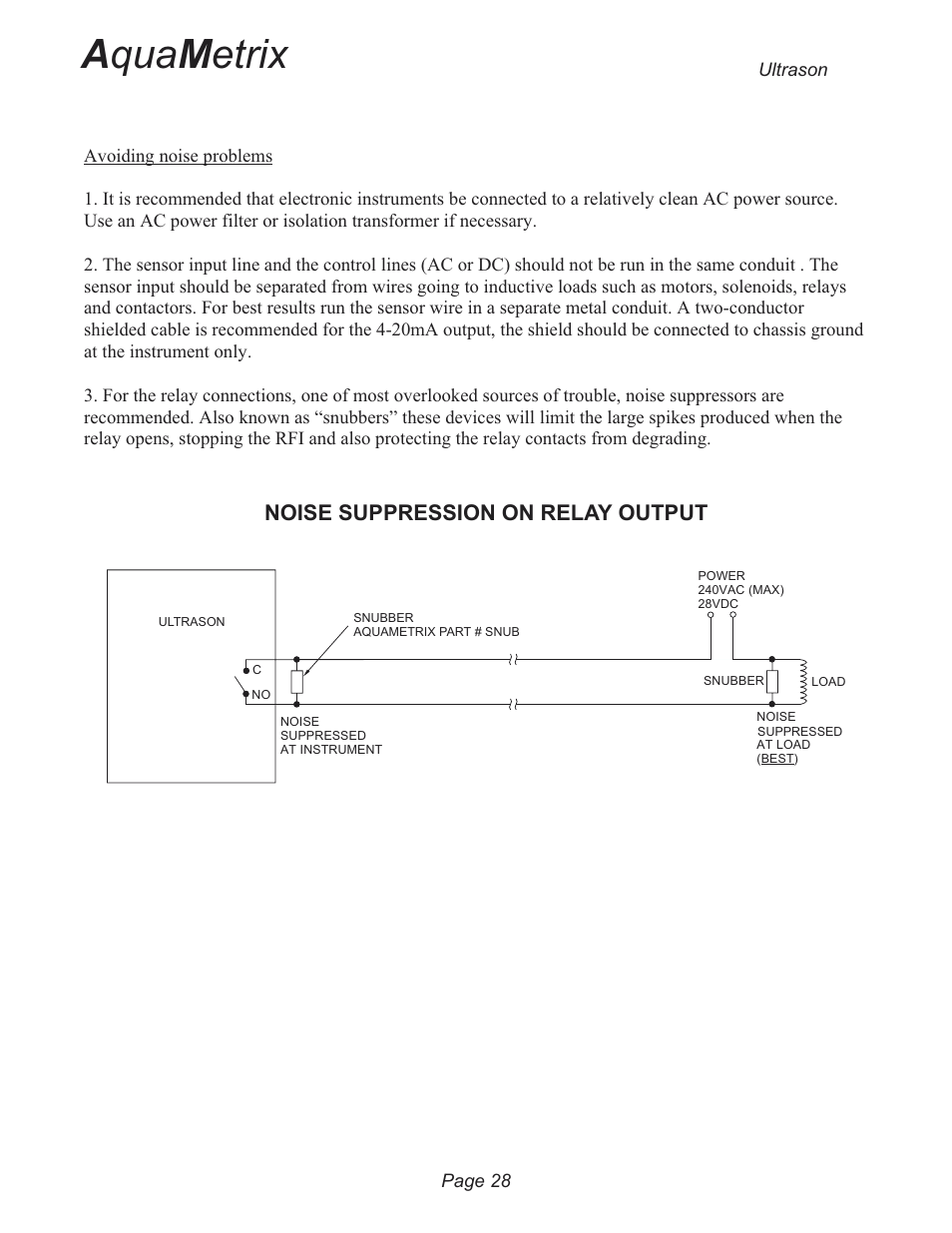 A qua m etrix, Noise suppression on relay output | Metex 3200U Ultrasonic Flow & Level Monitor User Manual | Page 28 / 48