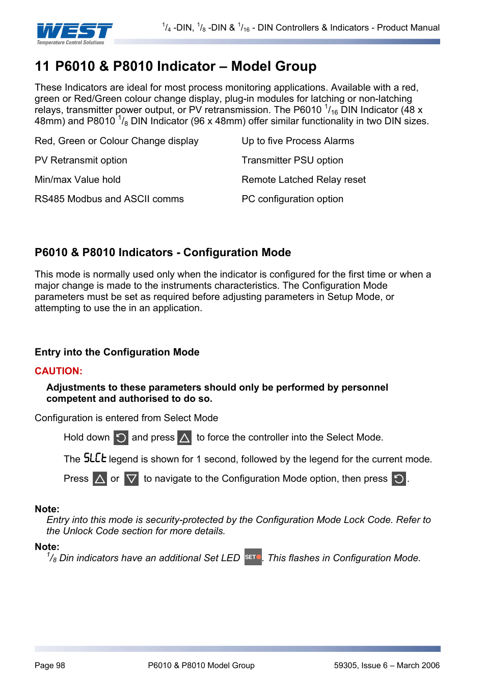 P6010 & p8010 indicator – model group, P6010 & p8010 indicators - configuration mode, Entry into the configuration mode | P6010 & p8010 model group | Pyromation Series 610 1_16 DIN User Manual | Page 103 / 177