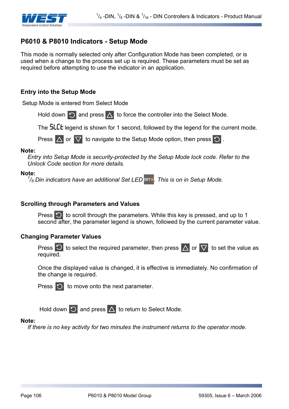 P6010 & p8010 indicators - setup mode, Entry into the setup mode, Scrolling through parameters and values | Changing parameter values | Pyromation Series 610 1_16 DIN User Manual | Page 111 / 177
