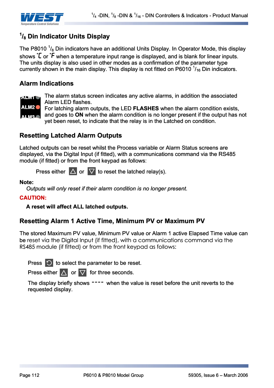 1/8 din indicator units display, Alarm indications, Resetting latched alarm outputs | Din indicator units display | Pyromation Series 610 1_16 DIN User Manual | Page 117 / 177