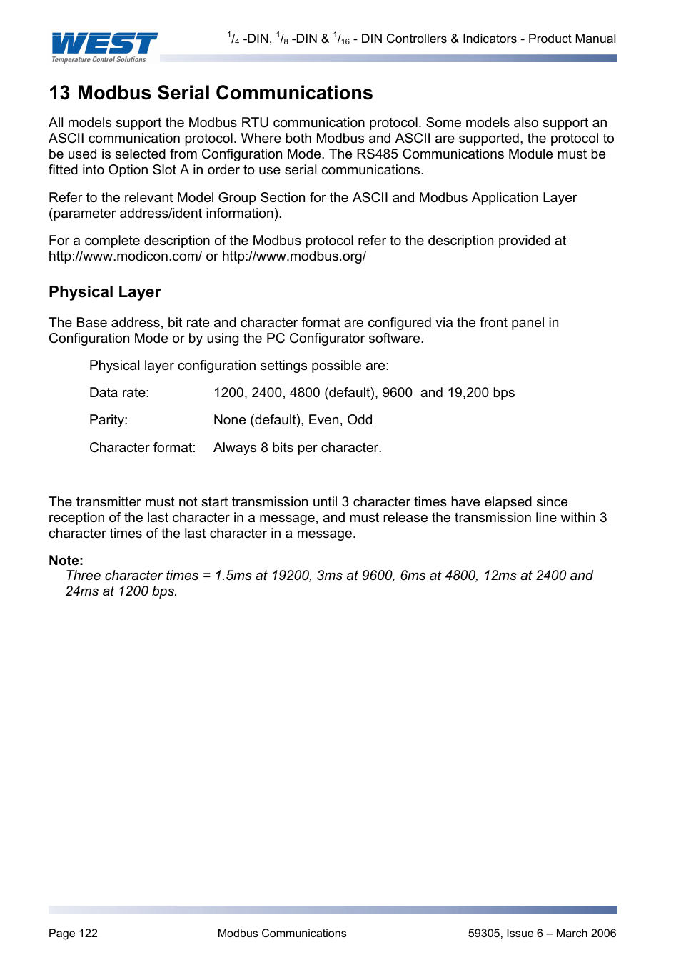 Modbus serial communications, Physical layer, Modbus with no parity | Modbus with even parity, Modbus with odd parity | Pyromation Series 610 1_16 DIN User Manual | Page 127 / 177