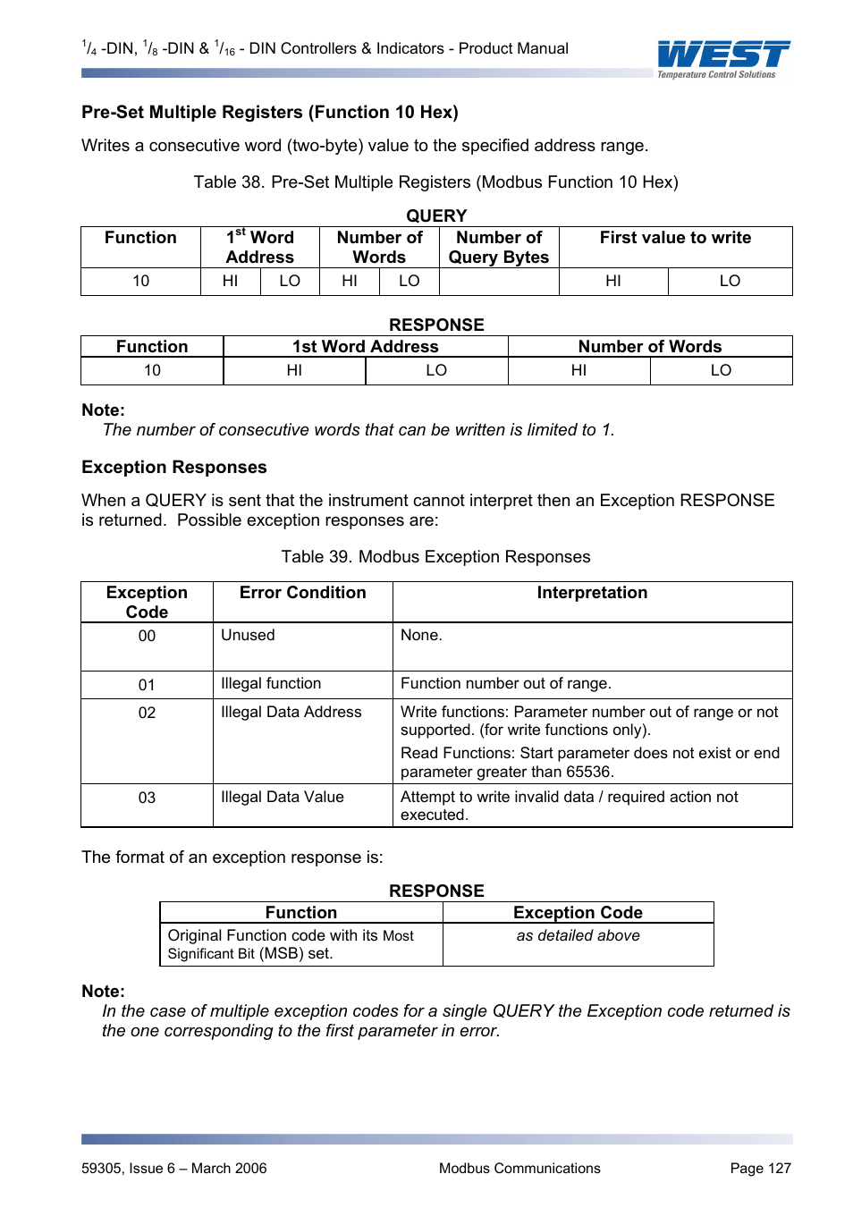Pre-set multiple registers (function 10 hex), Exception responses, Ascii | Pyromation Series 610 1_16 DIN User Manual | Page 132 / 177