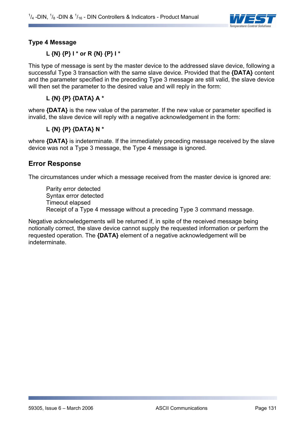 Type 4 message, Error response | Pyromation Series 610 1_16 DIN User Manual | Page 136 / 177
