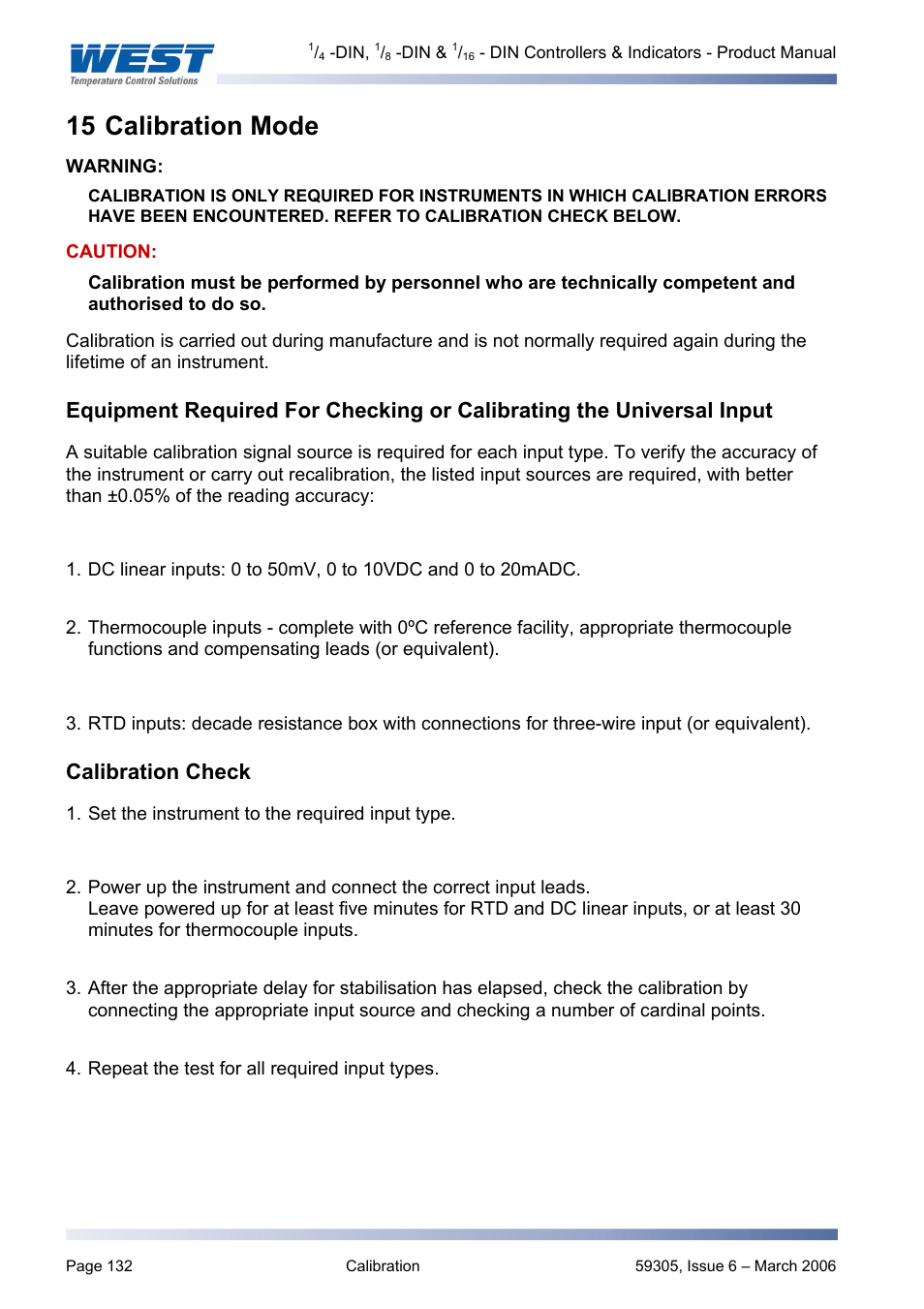 Calibration mode, Calibration check, 15 calibration mode | Pyromation Series 610 1_16 DIN User Manual | Page 137 / 177