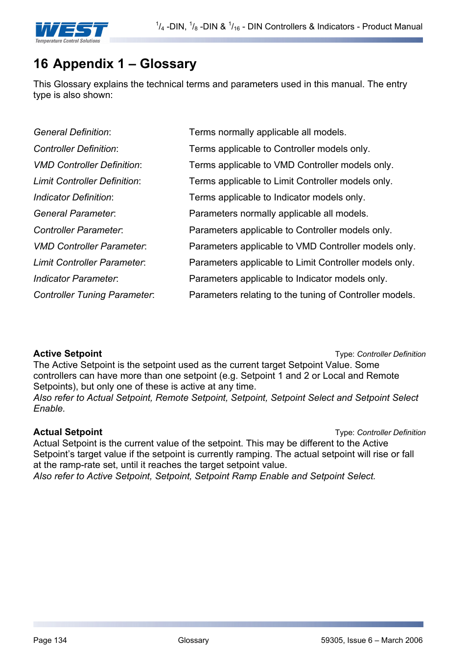 Appendix 1 – glossary, Active setpointtype: controller definition, Actual setpoint type: controller definition | Active setpoint, Type: controller definition, Actual setpoint, Glossary, Actual sp value, 16 appendix 1 – glossary | Pyromation Series 610 1_16 DIN User Manual | Page 139 / 177