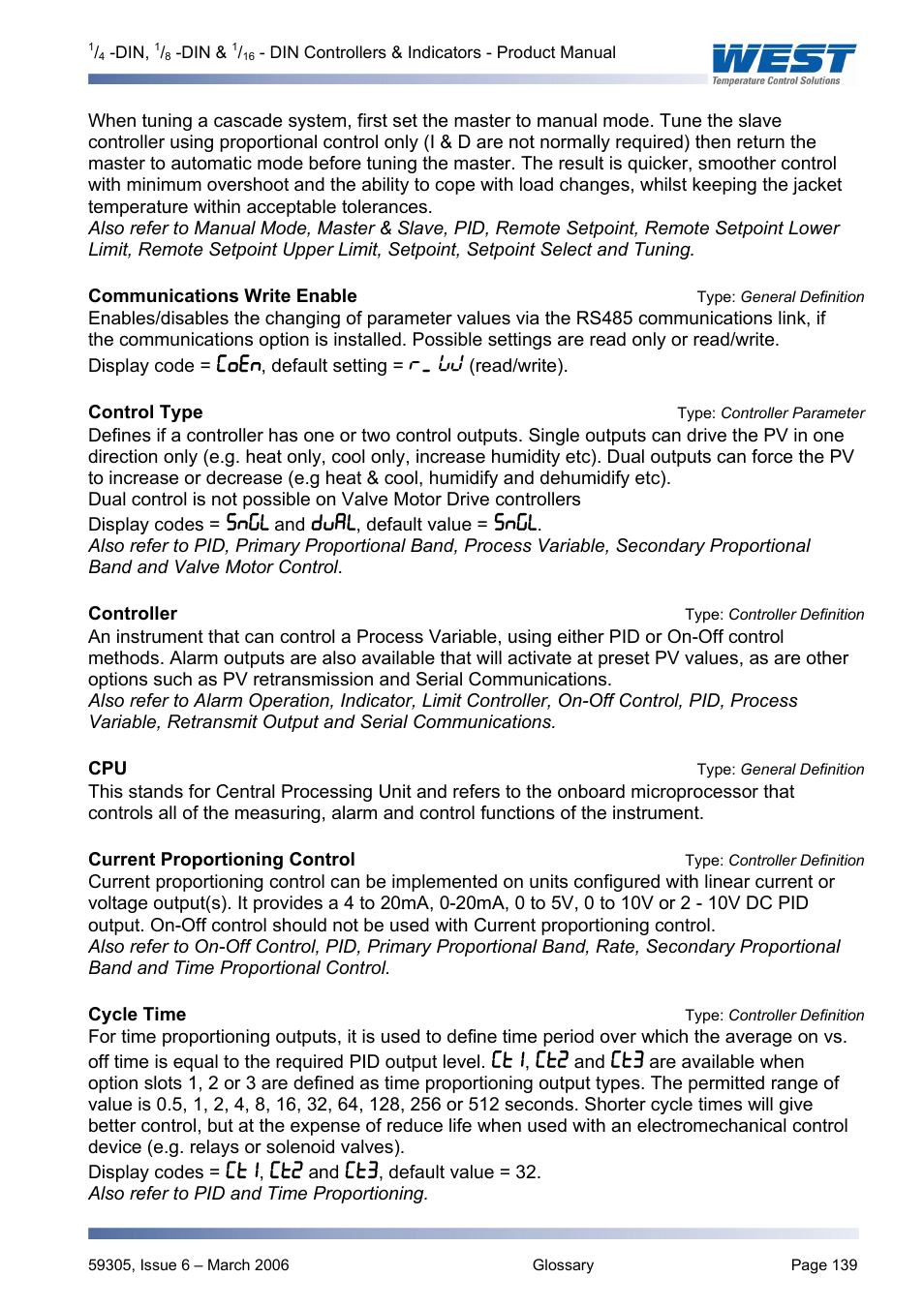 Control typetype: controller parameter, Controllertype: controller definition, Cputype: general definition | Cycle timetype: controller definition, Communications write enable, Type: general definition, Control type, Type: controller parameter, Controller, Type: controller definition | Pyromation Series 610 1_16 DIN User Manual | Page 144 / 177