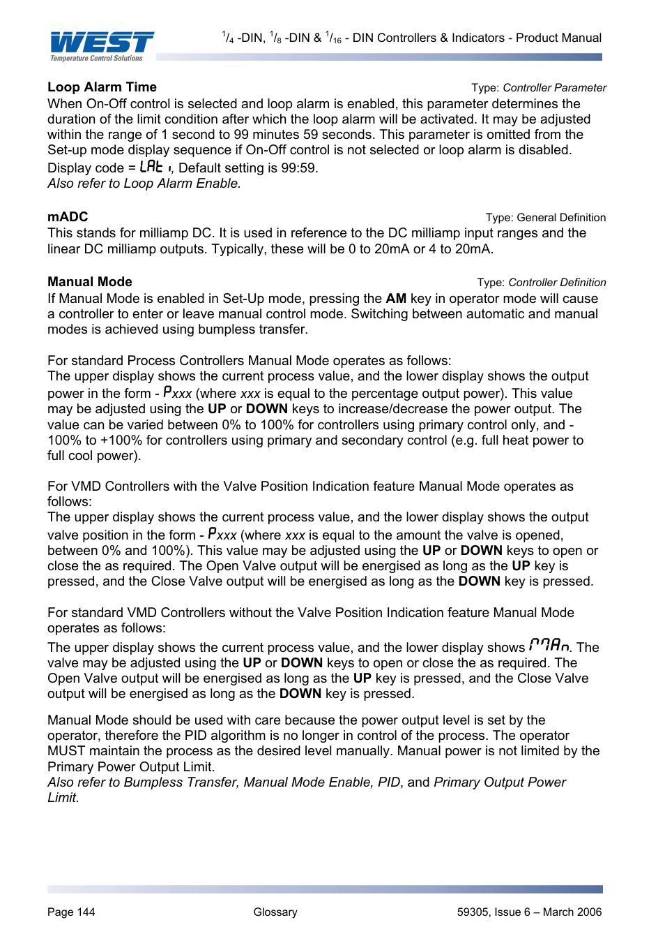 Loop alarm timetype: controller parameter, Madc type: general definition, Manual modetype: controller definition | Loop alarm time, Type: controller parameter, Madc, Type: general definition, Manual mode, Type: controller definition, Manual control select enable / disable | Pyromation Series 610 1_16 DIN User Manual | Page 149 / 177