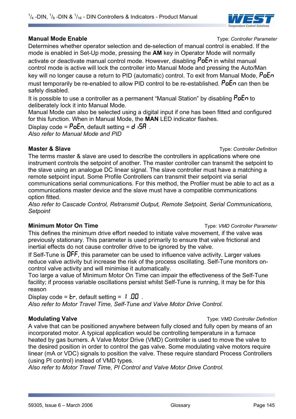 Manual mode enabletype: controller parameter, Master & slavetype: controller definition, Modulating valvetype: vmd controller definition | Manual mode enable, Type: controller parameter, Master & slave, Type: controller definition, Minimum motor on time, Type: vmd controller parameter, Modulating valve | Pyromation Series 610 1_16 DIN User Manual | Page 150 / 177