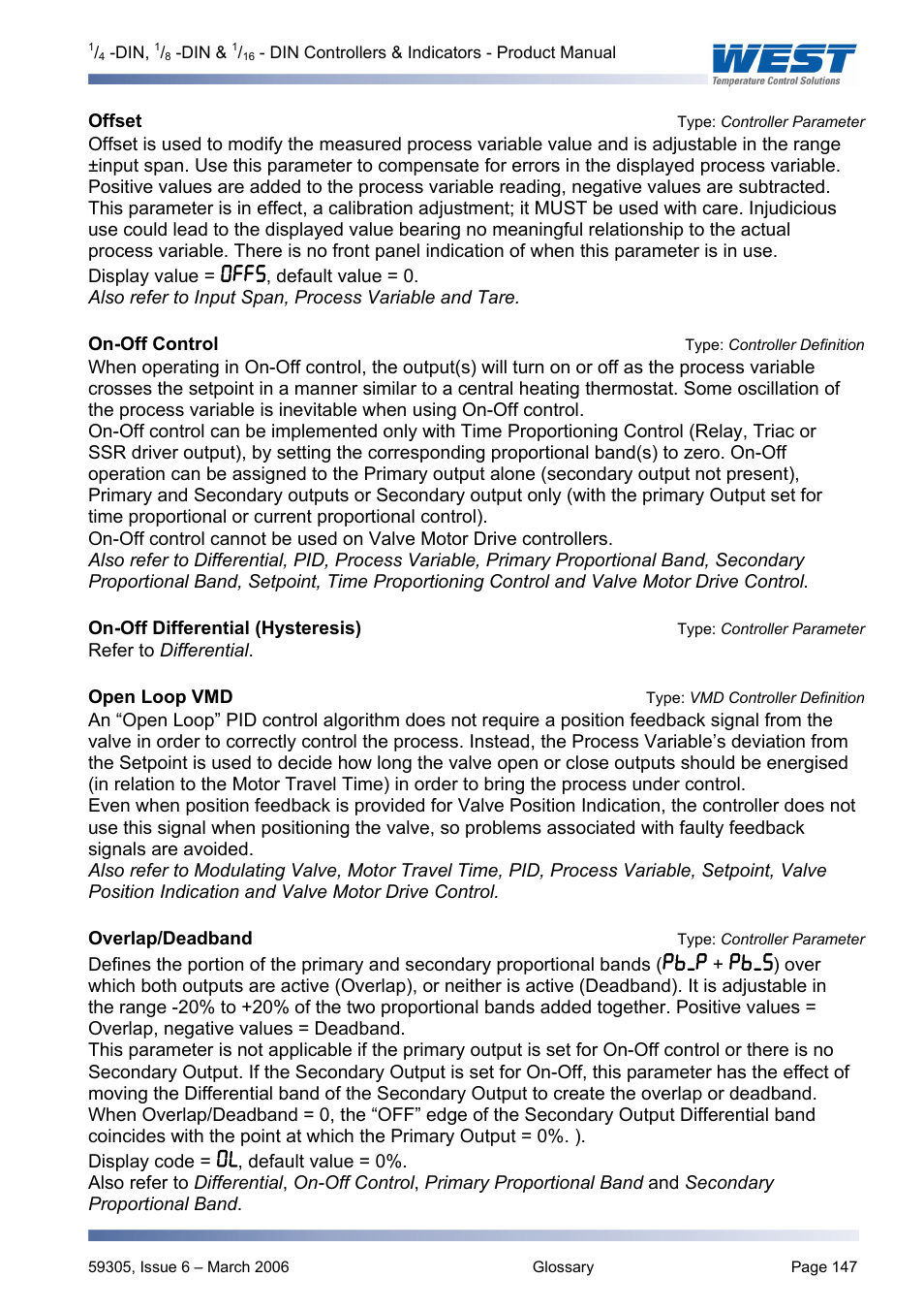 Offsettype: controller parameter, On-off control type: controller definition, Open loop vmd type: vmd controller definition | Overlap/deadband type: controller parameter, Offset, Type: controller parameter, On-off control, Type: controller definition, On-off differential (hysteresis), Open loop vmd | Pyromation Series 610 1_16 DIN User Manual | Page 152 / 177