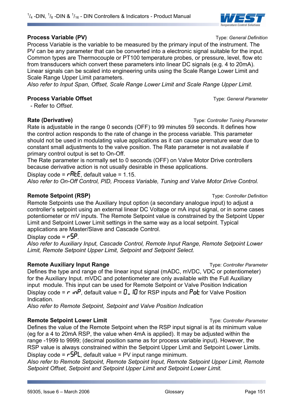 Process variable (pv)type: general definition, Process variable offset type: general parameter, Remote setpoint (rsp)type: controller definition | Process variable (pv), Type: general definition, Process variable offset, Type: general parameter, Rate (derivative), Type: controller tuning parameter, Remote setpoint (rsp) | Pyromation Series 610 1_16 DIN User Manual | Page 156 / 177