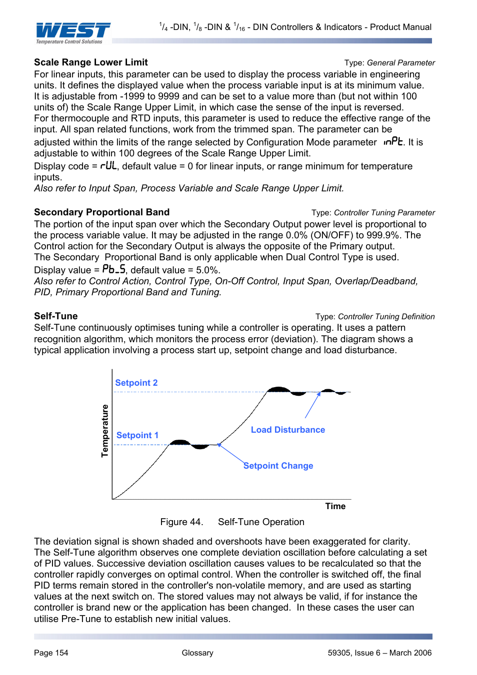 Scale range lower limit type: general parameter, Self-tune type: controller tuning definition, Scale range lower limit | Type: general parameter, Secondary proportional band, Type: controller tuning parameter, Self-tune, Type: controller tuning definition, Self tune, At controller | Pyromation Series 610 1_16 DIN User Manual | Page 159 / 177