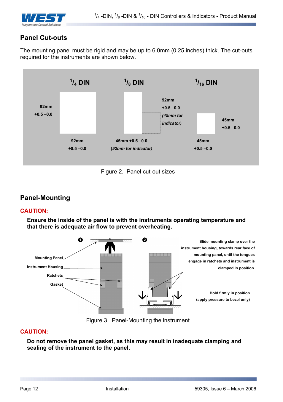 Panel cut-outs, Panel-mounting, Figure 2. panel cut-out sizes | Pyromation Series 610 1_16 DIN User Manual | Page 17 / 177