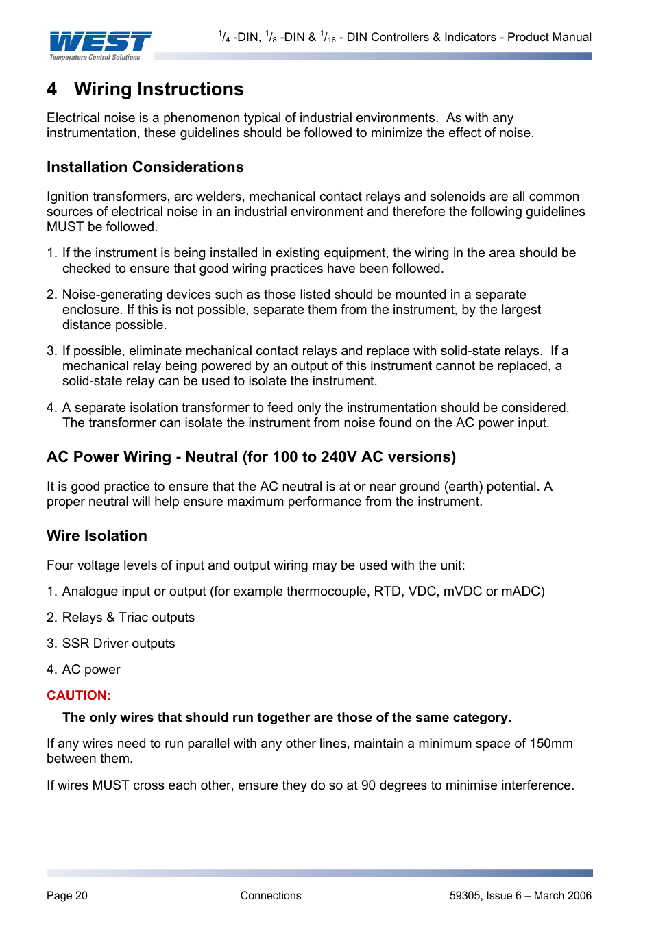 Wiring instructions, Installation considerations, Wire isolation | Wiring guidelines, 4 wiring instructions | Pyromation Series 610 1_16 DIN User Manual | Page 25 / 177