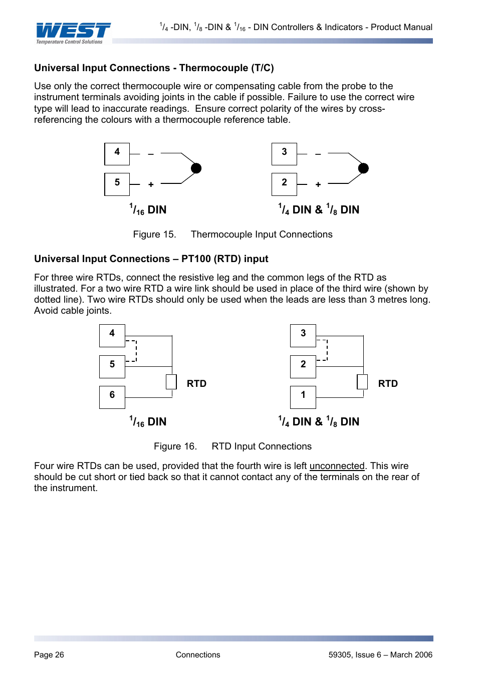 Universal input connections - thermocouple (t/c), Universal input connections – pt100 \(rtd\) in, Universal input connections – pt100 (rtd) input | Pyromation Series 610 1_16 DIN User Manual | Page 31 / 177