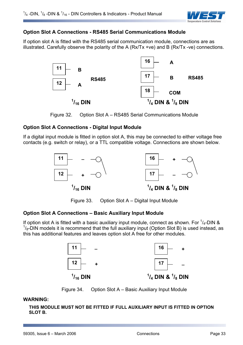 Option slot a connections - digital input module, Option slot a connections – basic auxiliary input, Pa1-w03 | Digital input, Pa1-w04, Basic aux input | Pyromation Series 610 1_16 DIN User Manual | Page 38 / 177