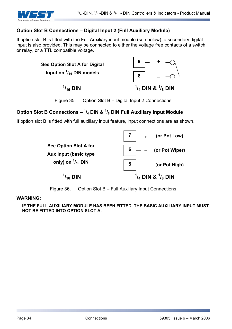 Option slot b connections – digital input 2 \(fu, Option slot b connections – 1/4 din & 1/8 din ful, Option slot b connections | Din full auxiliary input module, Pb1-w0r, Full aux input | Pyromation Series 610 1_16 DIN User Manual | Page 39 / 177