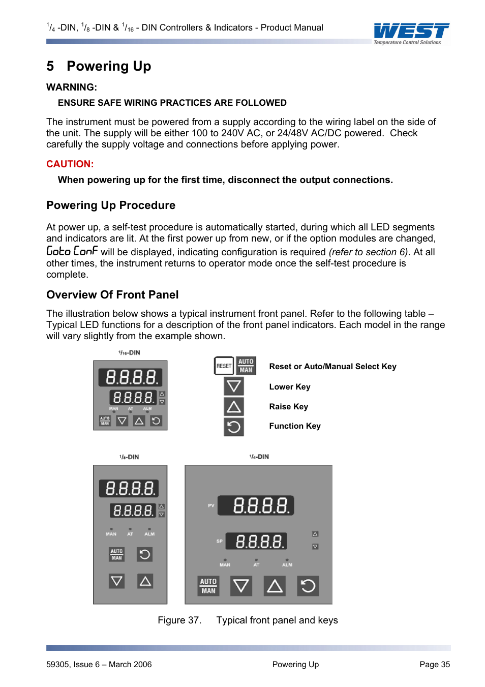 Powering up, Powering up procedure, Overview of front panel | 5 powering up | Pyromation Series 610 1_16 DIN User Manual | Page 40 / 177