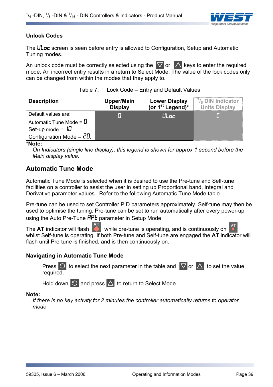 Unlock codes, Automatic tune mode, Navigating in automatic tune mode | Pyromation Series 610 1_16 DIN User Manual | Page 44 / 177