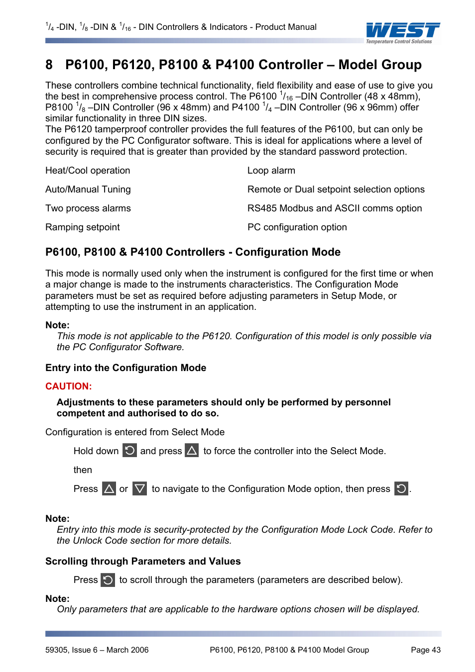P6100, p6120, p8100 & p4100 controller – model gr, Entry into the configuration mode, Scrolling through parameters and values | P6100, p6120, p8100 & p4100 model group, P6100, p6120, p8100 & p4100 | Pyromation Series 610 1_16 DIN User Manual | Page 48 / 177