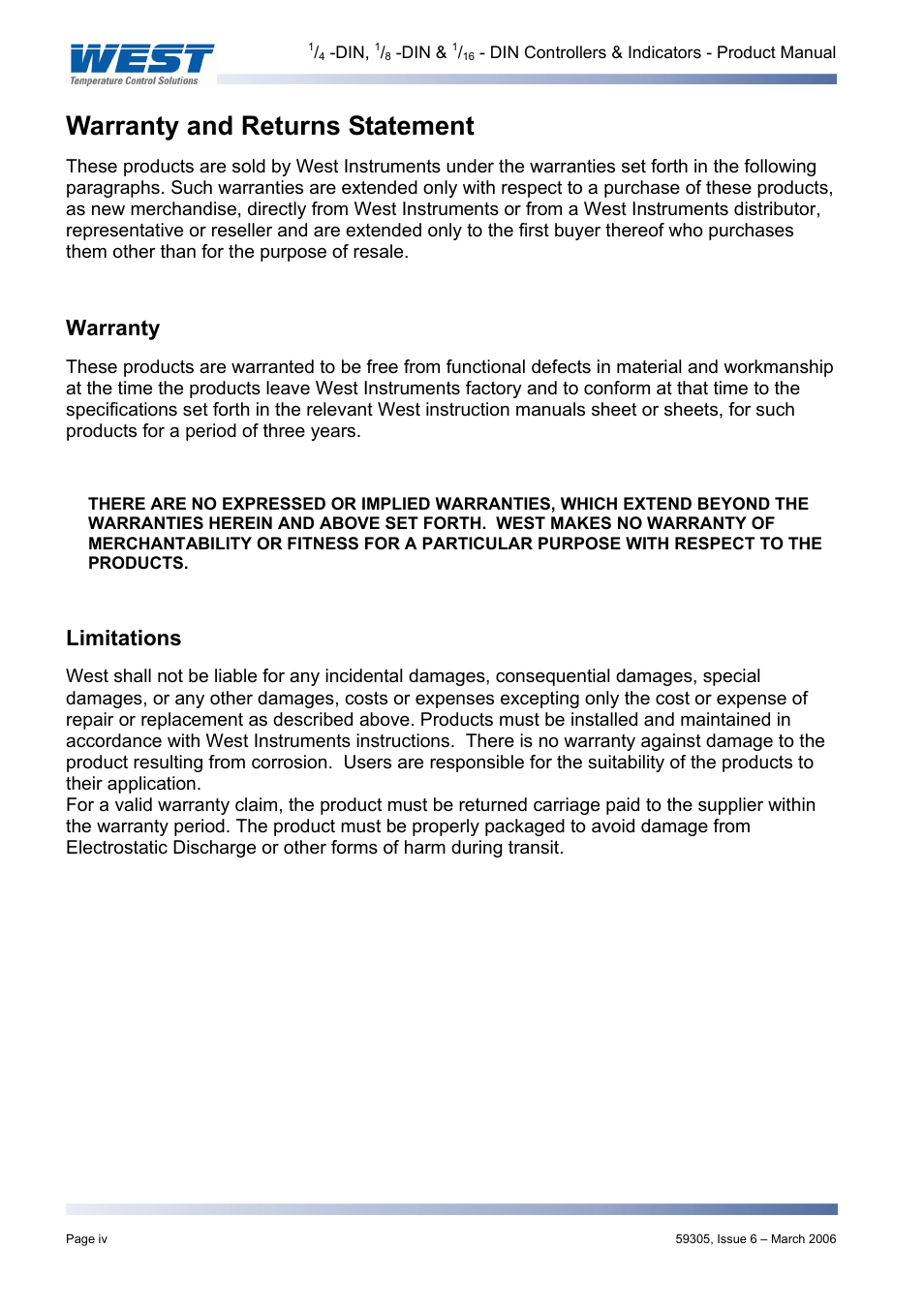 Warranty and returns statement, Warranty, Limitations | Pyromation Series 610 1_16 DIN User Manual | Page 5 / 177