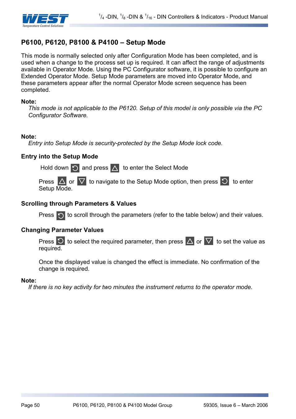 P6100, p6120, p8100 & p4100 – setup mode, Entry into the setup mode, Scrolling through parameters & values | Changing parameter values | Pyromation Series 610 1_16 DIN User Manual | Page 55 / 177